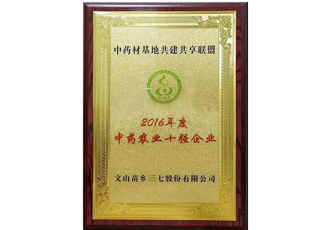 2017年苗鄉(xiāng)三七被中藥材基地共建共享聯(lián)盟評為“中藥農(nóng)業(yè)十強(qiáng)企業(yè)”